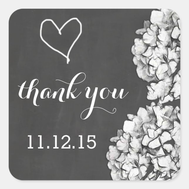 Adesivo Quadrado Vintage Chalkboard Hydrangea Casamento Obrigado (Frente)