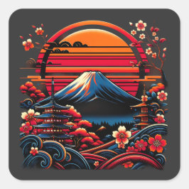 Adesivo Quadrado Vintage, Cherry Blossom Sakura Monte Fuji