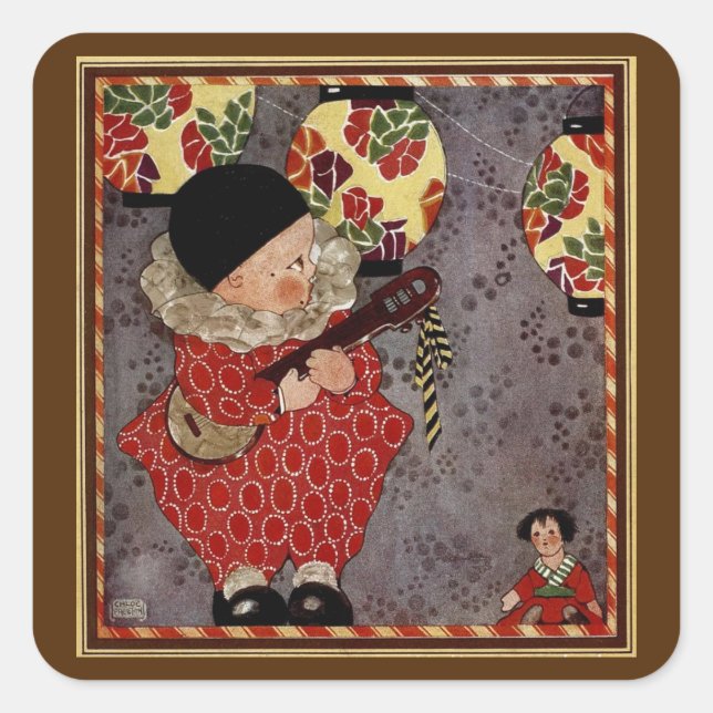 Adesivo Quadrado Vintage Child Harlequin, Músico Jogando Banjo (Frente)