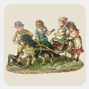 Adesivo Quadrado Vintage Children and Dog Wagon