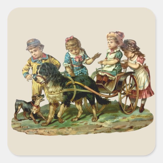 Adesivo Quadrado Vintage Children and Dog Wagon (Frente)