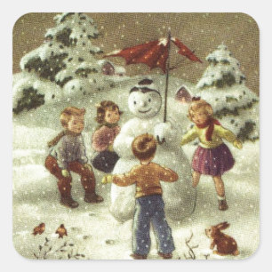 Adesivo Quadrado Vintage Children Fazer um boneco de neve