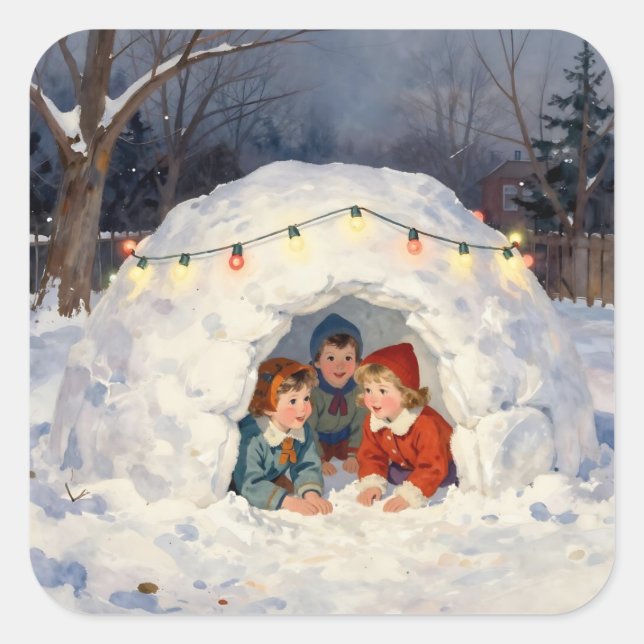 Adesivo Quadrado Vintage Children in Snow Fort (Frente)
