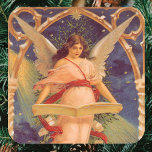 Adesivo Quadrado Vintage Christmas, Victorian Angel Reading Bible<br><div class="desc">Vintage illustration religious Victorian Christmas holiday image featuring a floating angel reading the Bible. This angelic lady has beautiful wings,  long dark hair,  and a flowing robe; she is under a decorative arch while reading a book.</div>