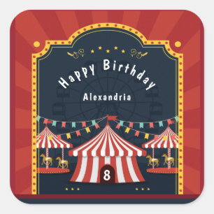 Adesivo Quadrado Vintage Circus Carnival Red White Birthday Age