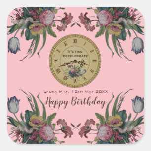 Adesivo Quadrado Vintage Clock com Festa de aniversário de Flores