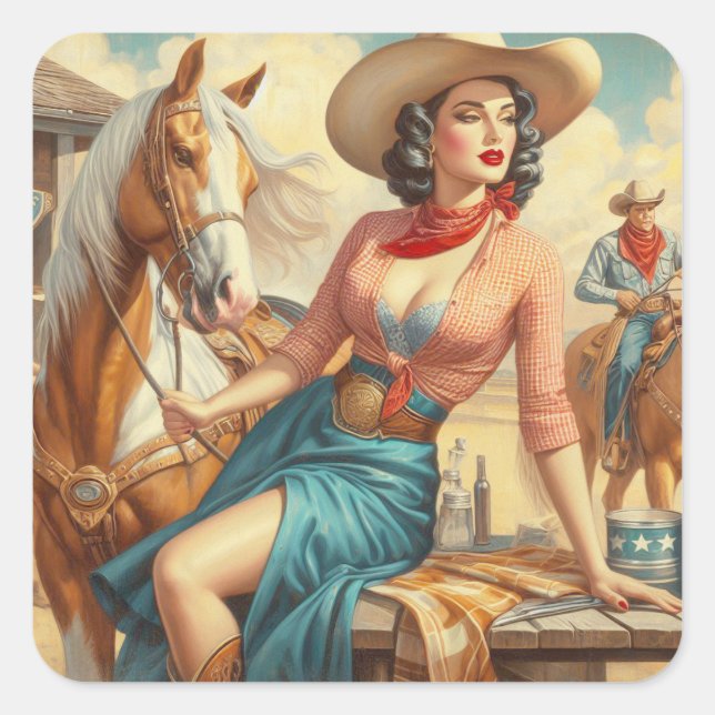 Adesivo Quadrado Vintage Cowgirl (Frente)