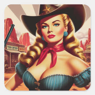 Adesivo Quadrado Vintage Cowgirl Pin-up