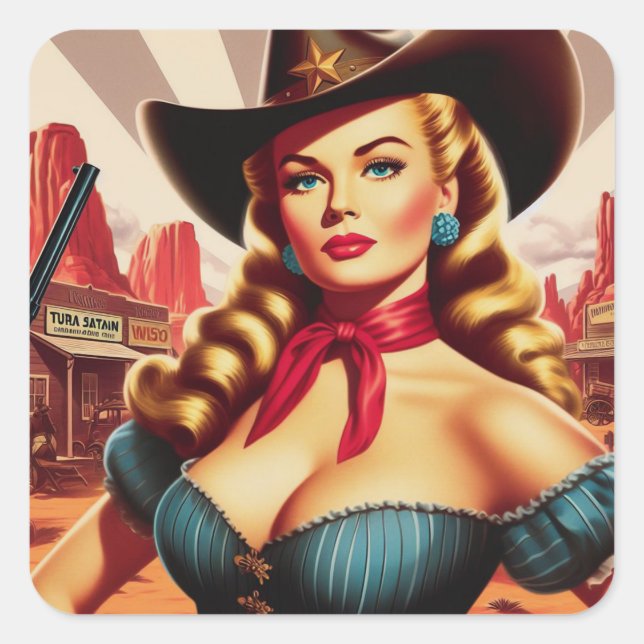 Adesivo Quadrado Vintage Cowgirl Pin-up (Frente)