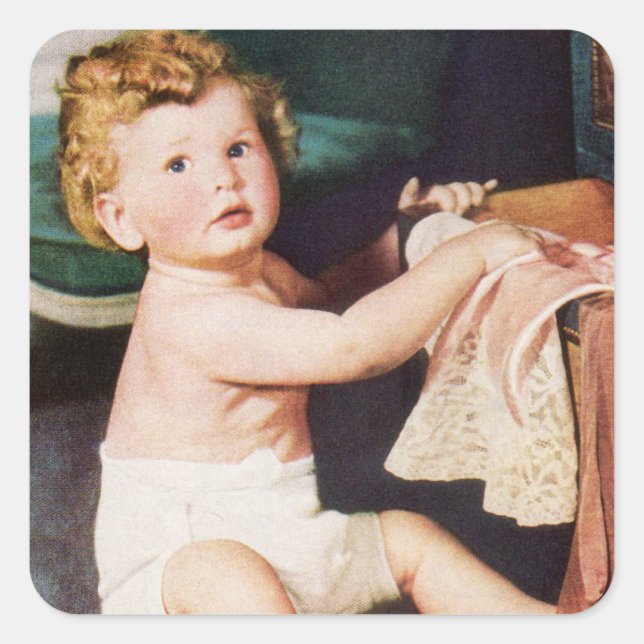Adesivo Quadrado Vintage Cute Toddler Brincando com Roupas (Frente)