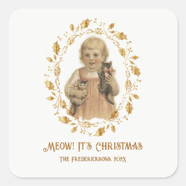 Adesivo Quadrado Vintage da Meow de Natal (Frente)