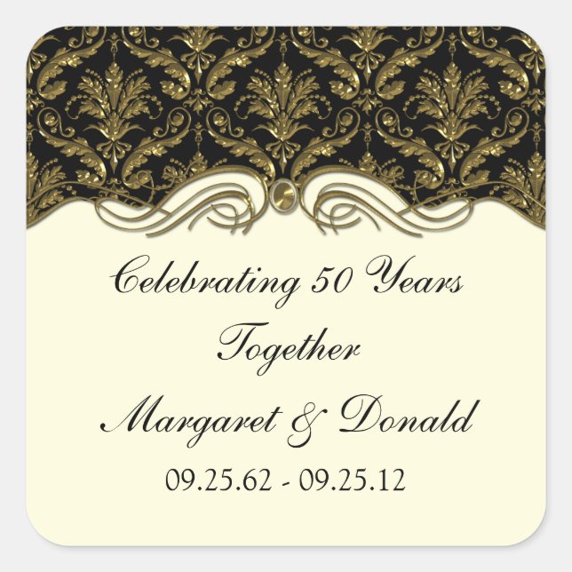 Adesivo Quadrado Vintage Damask Black e Dourado 50º aniversário (Frente)