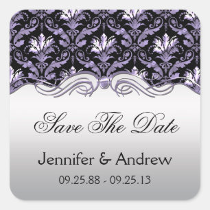 Adesivo Quadrado Vintage Damask Silver Black and Purple Save The