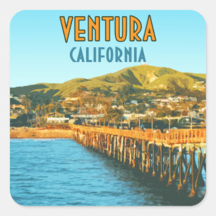 Adesivo Quadrado Vintage de Califórnia da praia do cais de Ventura