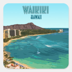 Adesivo Quadrado Vintage de Honolulu Oahu Havaí da praia de Waikik