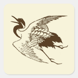 Adesivo Quadrado Vintage - Desenho japonês de uma grua, Brown