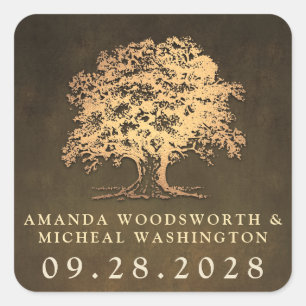 Adesivo Quadrado Vintage Dourado Oak Tree Casamento Favor Stickers