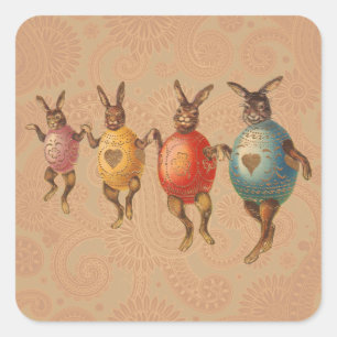 Adesivo Quadrado Vintage Easter Bunnies dança com fantasias de ovo