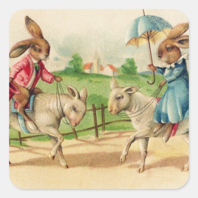 Adesivo Quadrado Vintage Easter Bunny Rabbit Riding saudações (Frente)