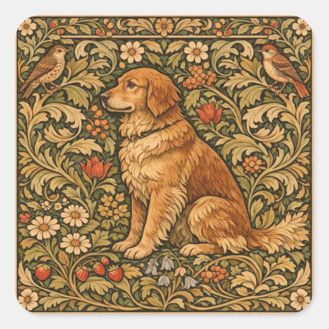 Adesivo Quadrado Vintage elegant Golden Retriever boho painting (Frente)