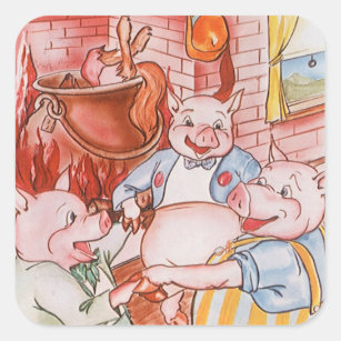 Adesivo Quadrado Vintage Fairy Tale Three Little Pigs and the Wolf