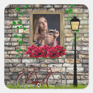 Adesivo Quadrado Vintage Fairytale Bicycle Rosa Girly Photo Frame