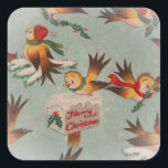 Adesivo Quadrado Vintage Felry Christmas Birds<br><div class="desc">Esparsas retrorreflectoras bonitas vestidas como humanos em uma variedade de poses. Um passarinho num lenço paira sobre uma caixa de correio "Feliz Natal".</div>