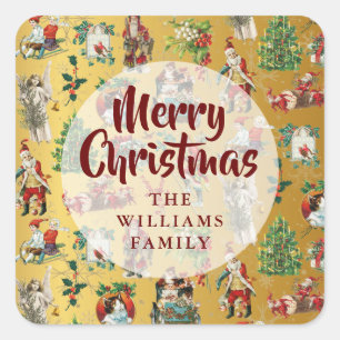 Adesivo Quadrado Vintage Felry Christmas Dourado Family Name