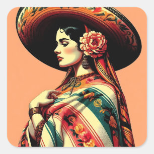 Adesivo Quadrado Vintage Fiesta Mujer Mariachi Mexicana