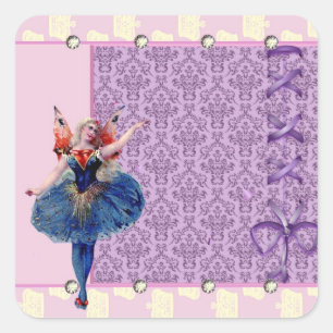 Adesivo Quadrado Vintage flor de coração fada bailarina azul rosa