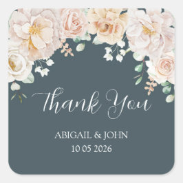 Adesivo Quadrado Vintage Floral Blue Thank You Wedding Favor Tag