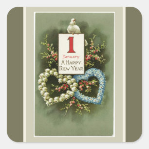 Adesivo Quadrado Vintage Floral Hearts and Dove Feliz ano novo