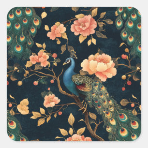 Adesivo Quadrado Vintage Floral Peacock Pattern