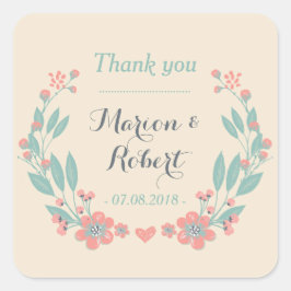 Adesivo Quadrado Vintage Flower Wreath Weding Obrigado Sticker