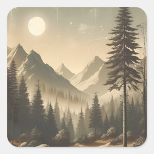 Adesivo Quadrado Vintage Forest Art com Aestética Mountain Landsca