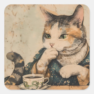 Adesivo Quadrado Vintage, gato bonitinho de arte japonês com uma xí