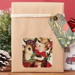Adesivo Quadrado Vintage Girl and rener Christmas sticker
