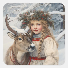 Adesivo Quadrado Vintage Girl com Reindeer