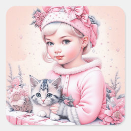 Adesivo Quadrado Vintage Girl e Kitty de Rosa