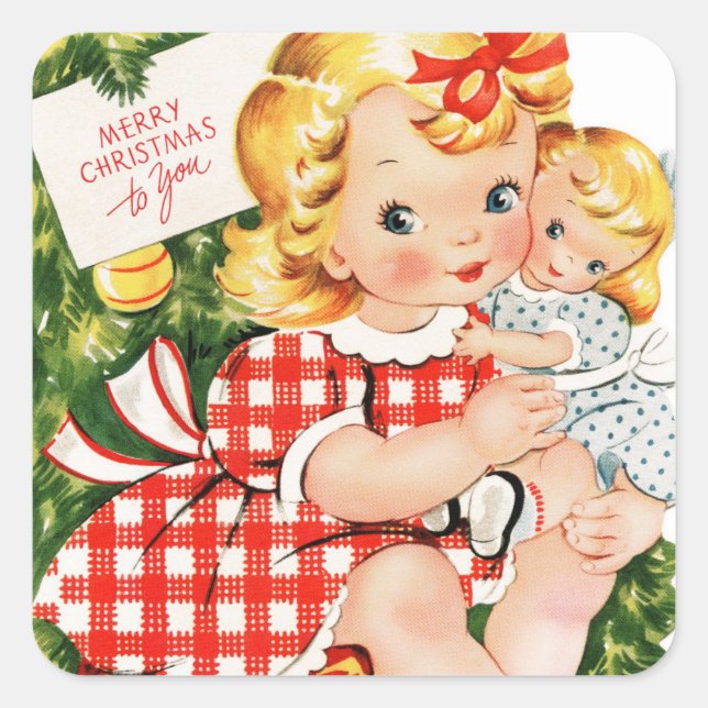 Adesivo Quadrado Vintage Girl Hugging Doll (Frente)
