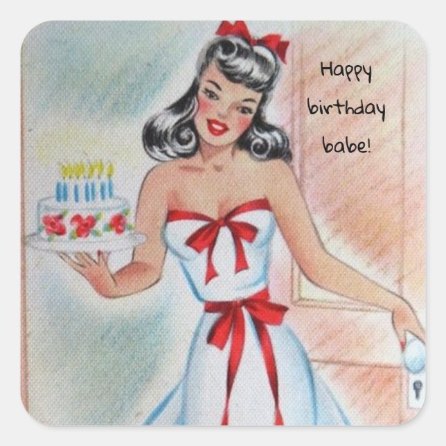 Adesivo Quadrado Vintage Girl with Birday Cake (Frente)
