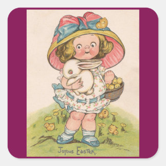 Adesivo Quadrado Vintage Girl With Bunny Easter Sticker