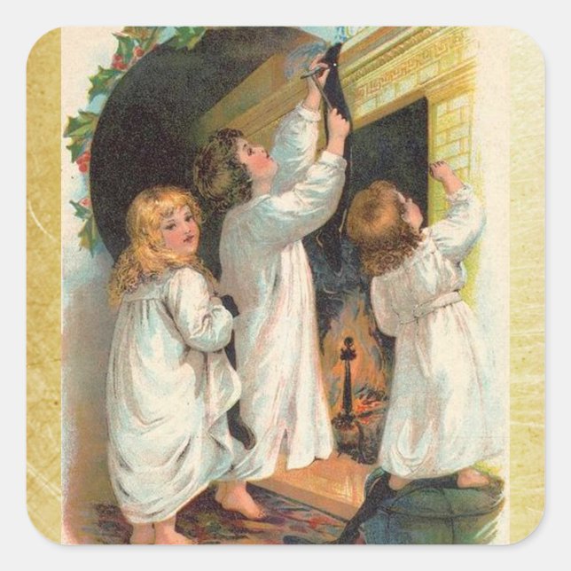 Adesivo Quadrado Vintage Girls Prendendo Vinheiras de Natal (Frente)