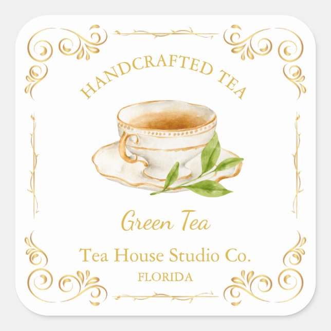 Adesivo Quadrado Vintage Green Tea Square Label (Frente)