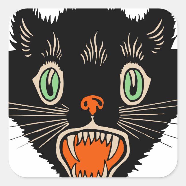 Adesivo Quadrado Vintage Halloween Assustado Gato Negro (Frente)