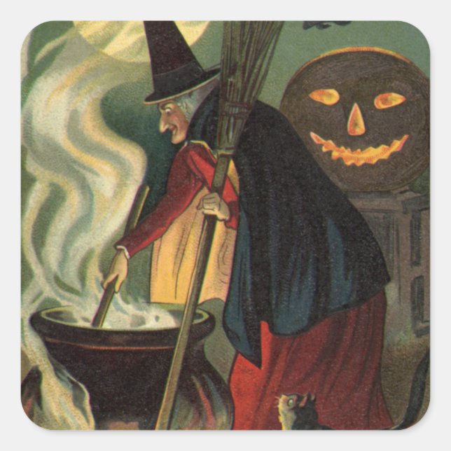 Adesivo Quadrado Vintage Halloween Bruxa Stirring Magic Cauldron (Frente)