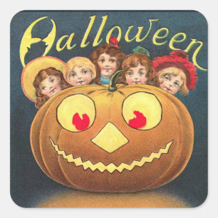 Adesivo Quadrado Vintage Halloween Crianças Escondendo-Se Por Trás 