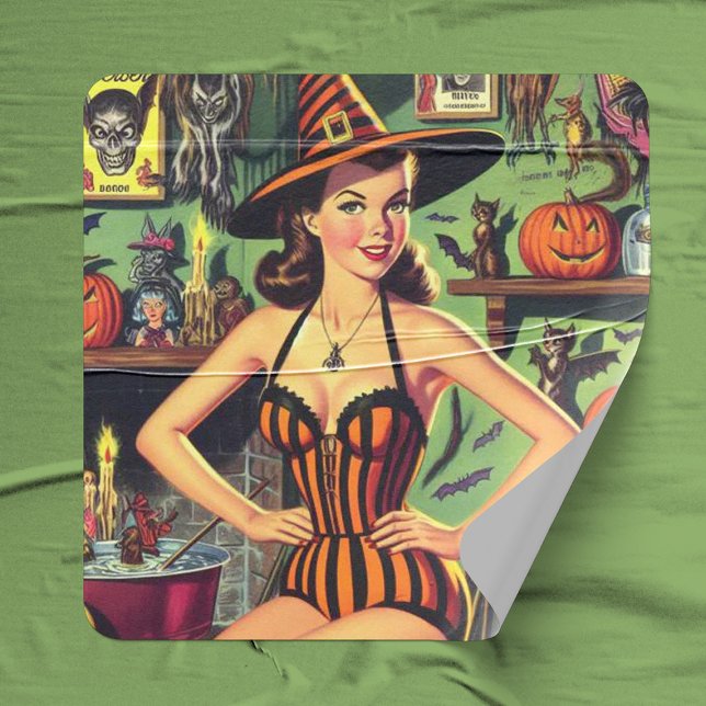 Adesivo Quadrado Vintage Halloween Cute Witup (Criador carregado)