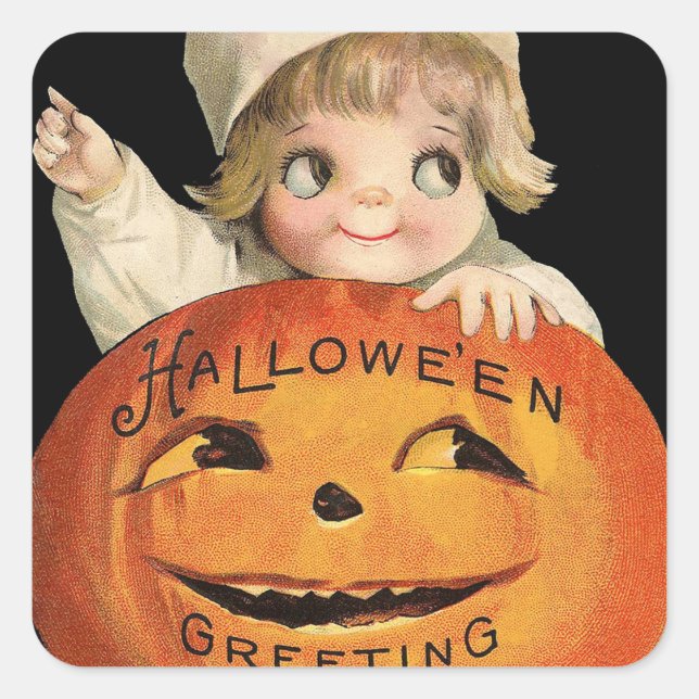 Adesivo Quadrado Vintage Halloween, garoto abóbora Vintage (Frente)