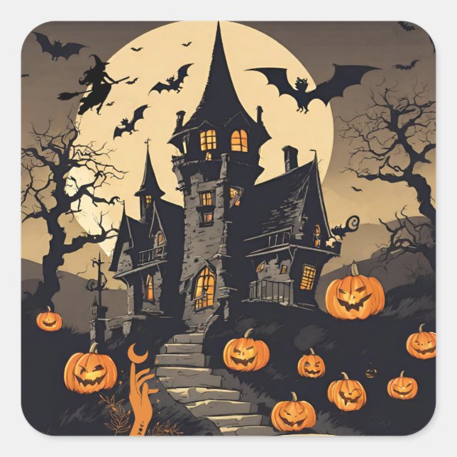 Adesivo Quadrado Vintage Halloween Hauneen House, Pumpkins, Bats (Frente)